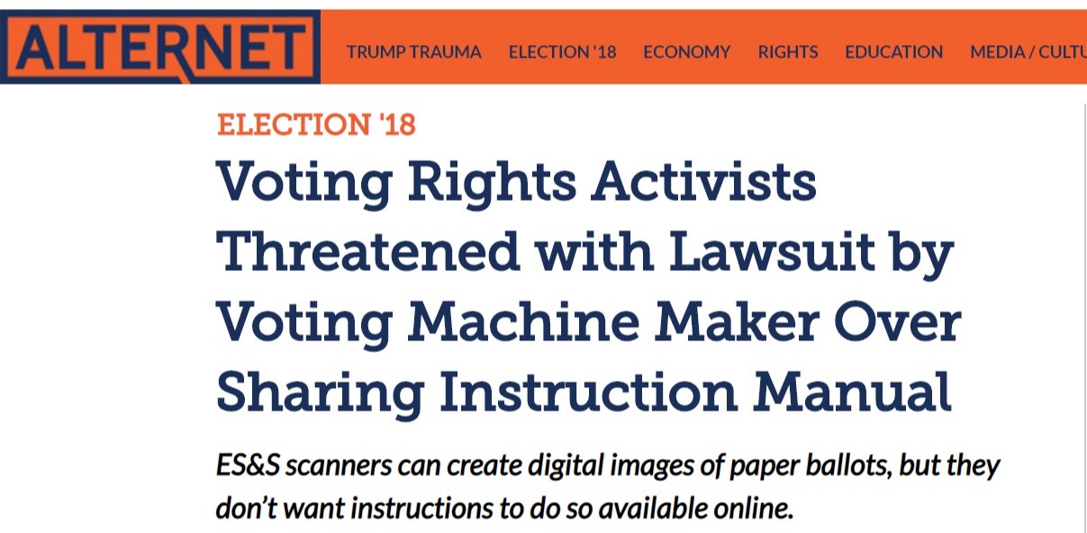 Screenshot of Voting Rights Activists Threatened with Lawsuit by Voting Machine Maker Over Sharing Instruction Manual _ Alternet